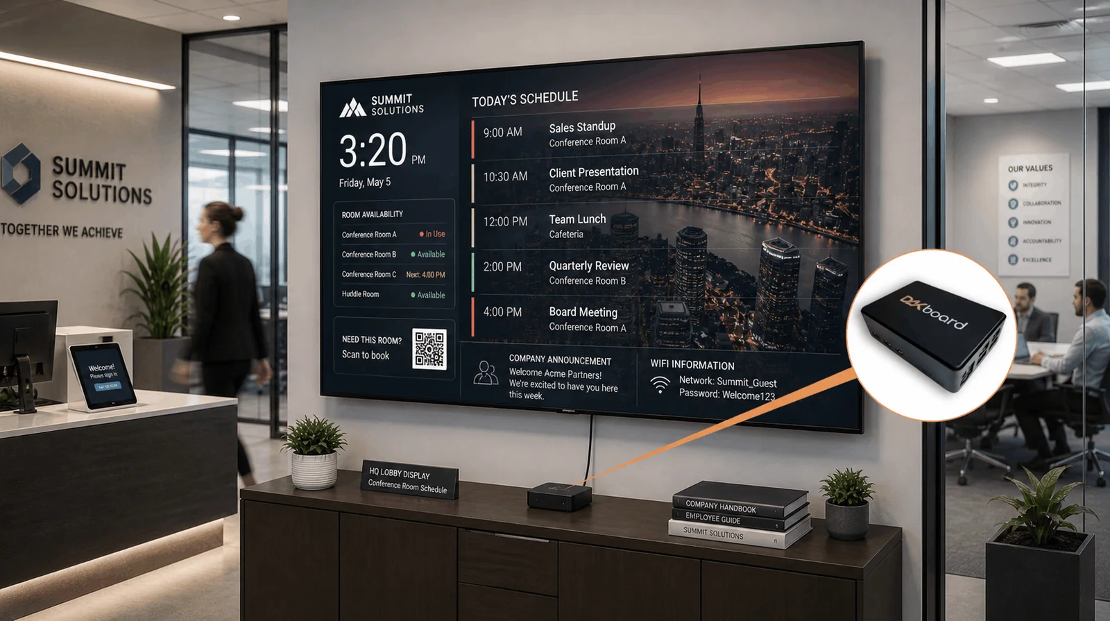 DAKboard CPU plugged into an office display screen