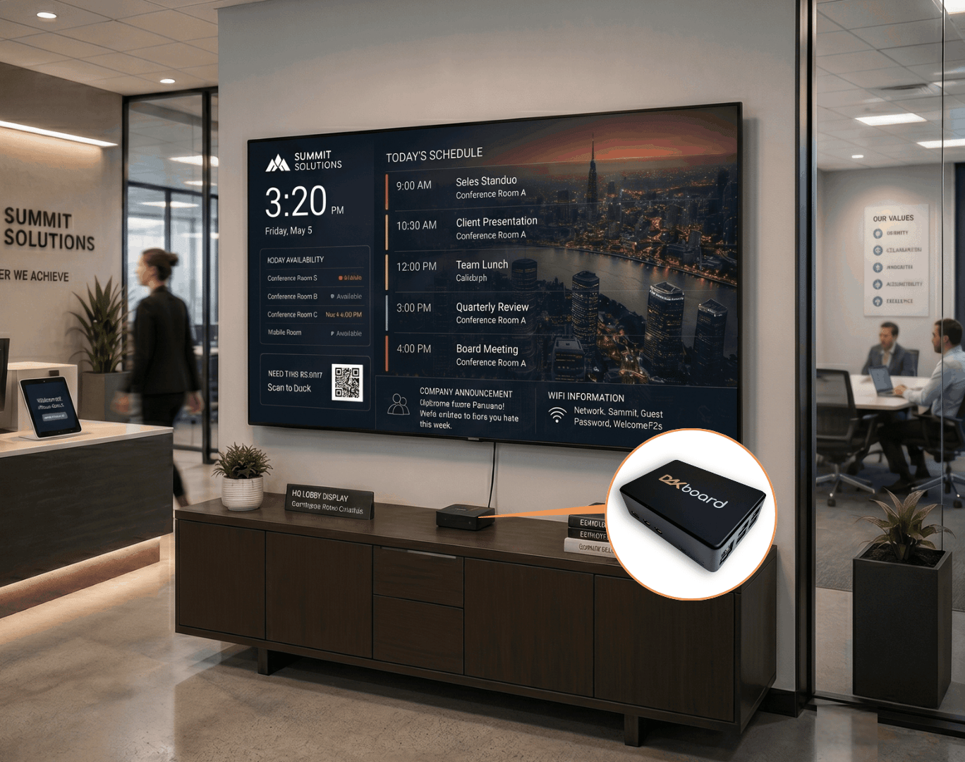 DAKboard CPU plugged into an office display screen