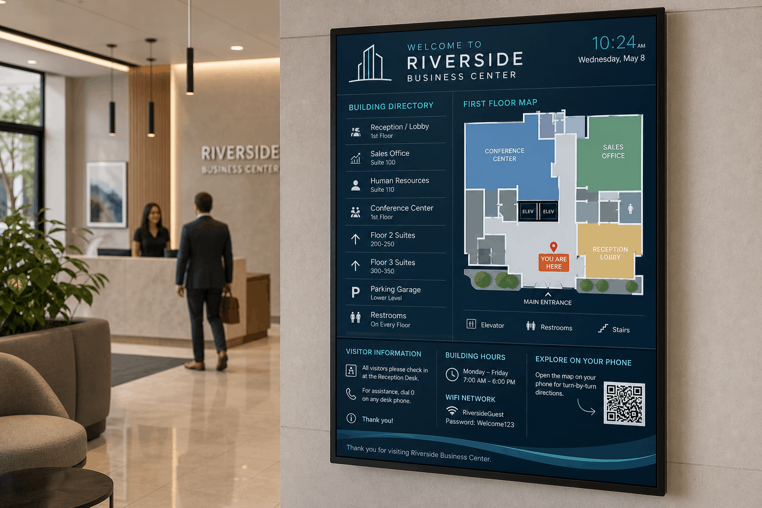 Floor-standing DAKboard directory display in a corporate lobby listing tenants, suite numbers, and a floor map