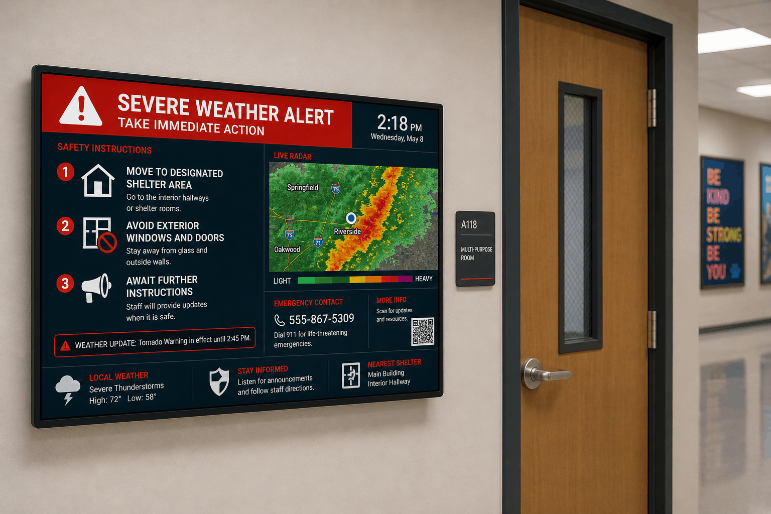 DAKboard display showing a red severe weather alert with safety instructions and a real-time weather radar map