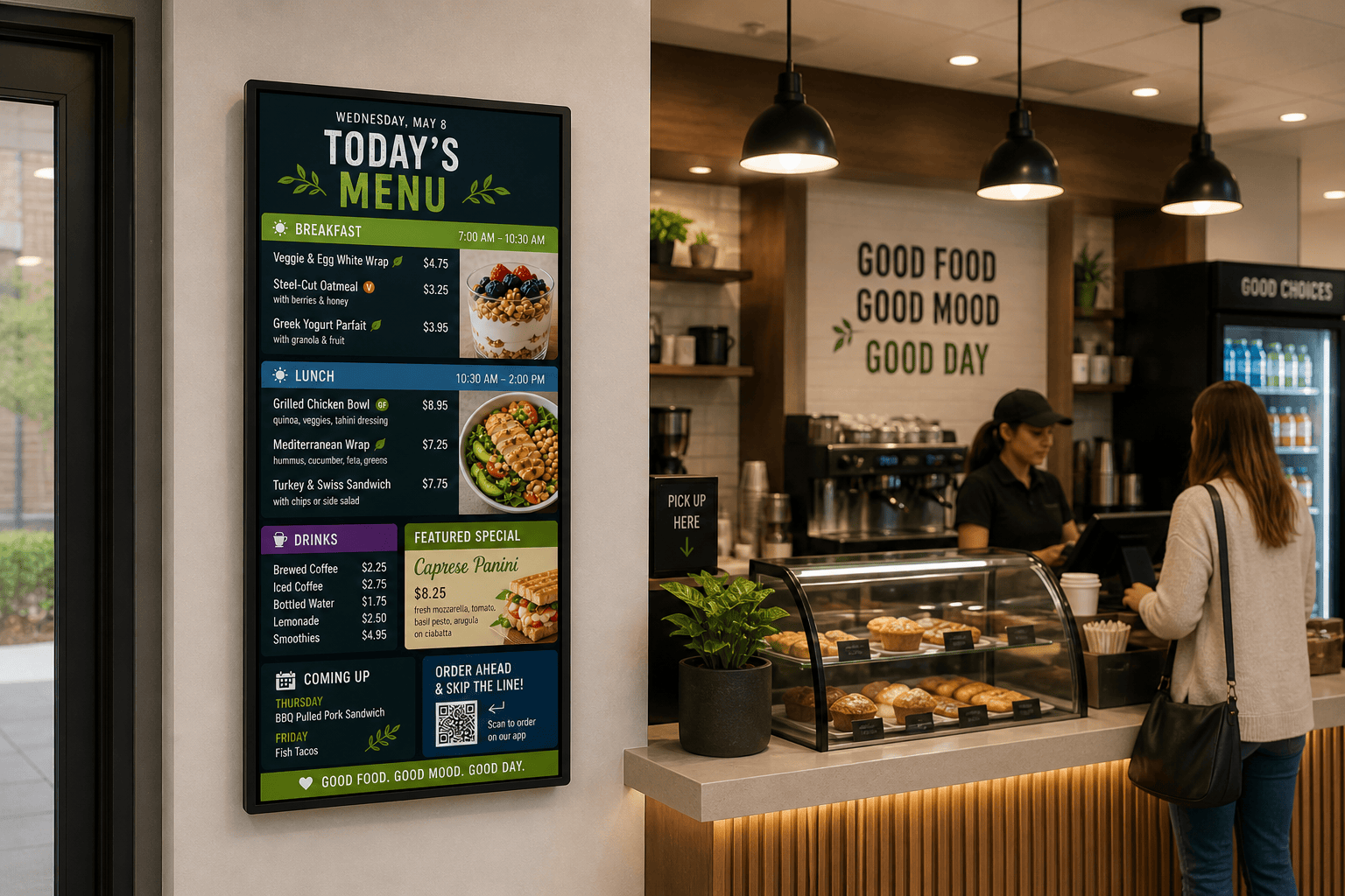 Portrait DAKboard digital menu board in a cafe showing breakfast, lunch, drinks, and the daily special