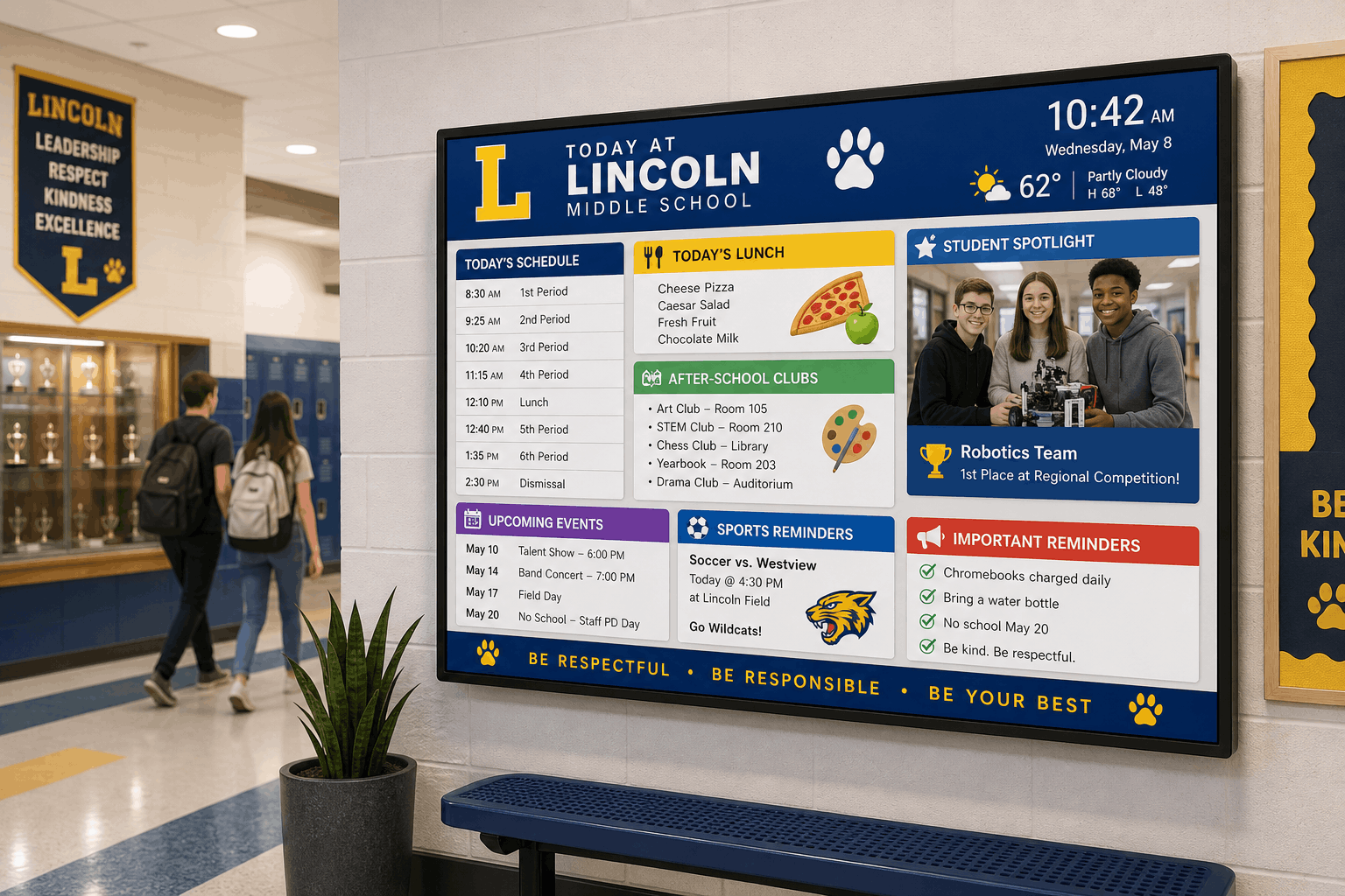 School hallway DAKboard display with class schedule, lunch menu, after-school clubs, and student spotlight