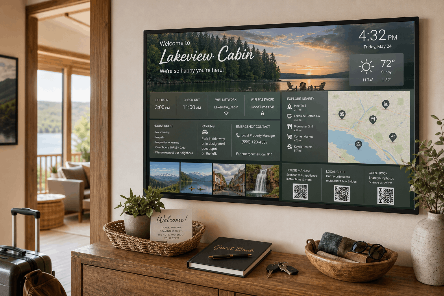 Vacation rental welcome display with check-in details, Wi-Fi password, house rules, and a local guide map