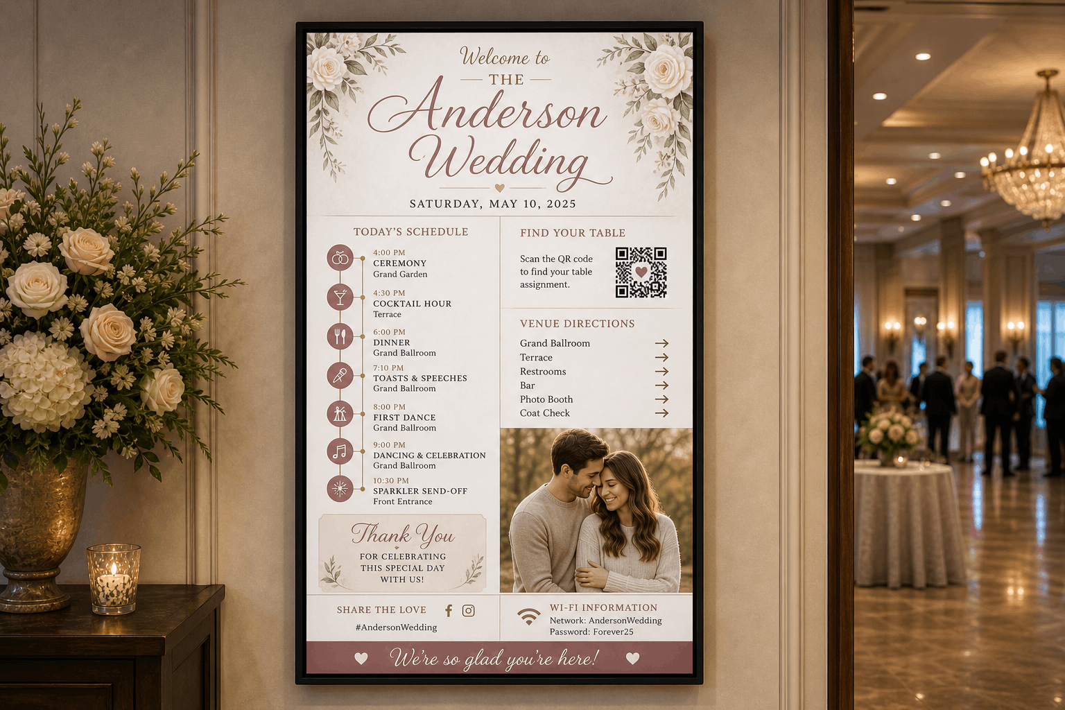 Portrait DAKboard wedding display with ceremony schedule, table-finder QR code, and venue directions