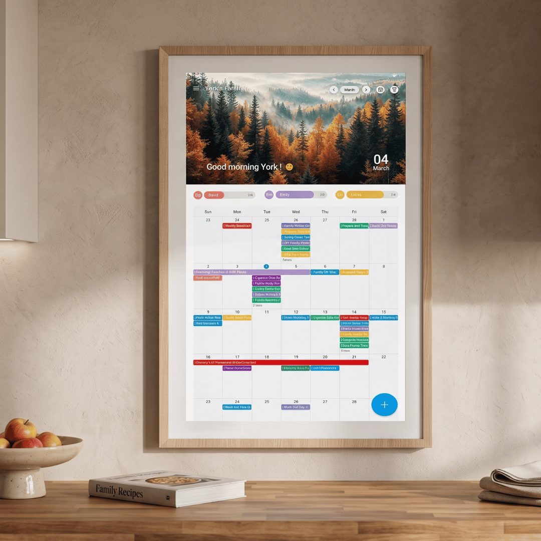 Wall-mounted Apolosign touchscreen in portrait orientation showing a color-coded monthly family calendar with an autumn forest header image