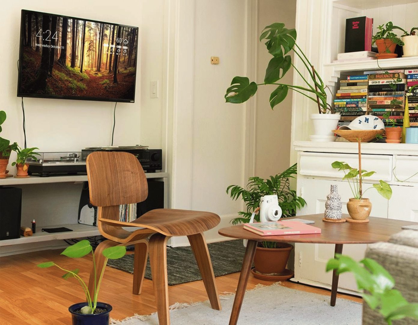 Wall-mounted TV in a plant-filled mid-century living room running DAKboard with a forest photo, clock, and outdoor temperature