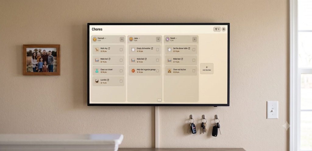 Landscape wall-mounted DAKboard showing a color-coded family chore chart with point totals in columns for Hannah, Jake, and Sarah