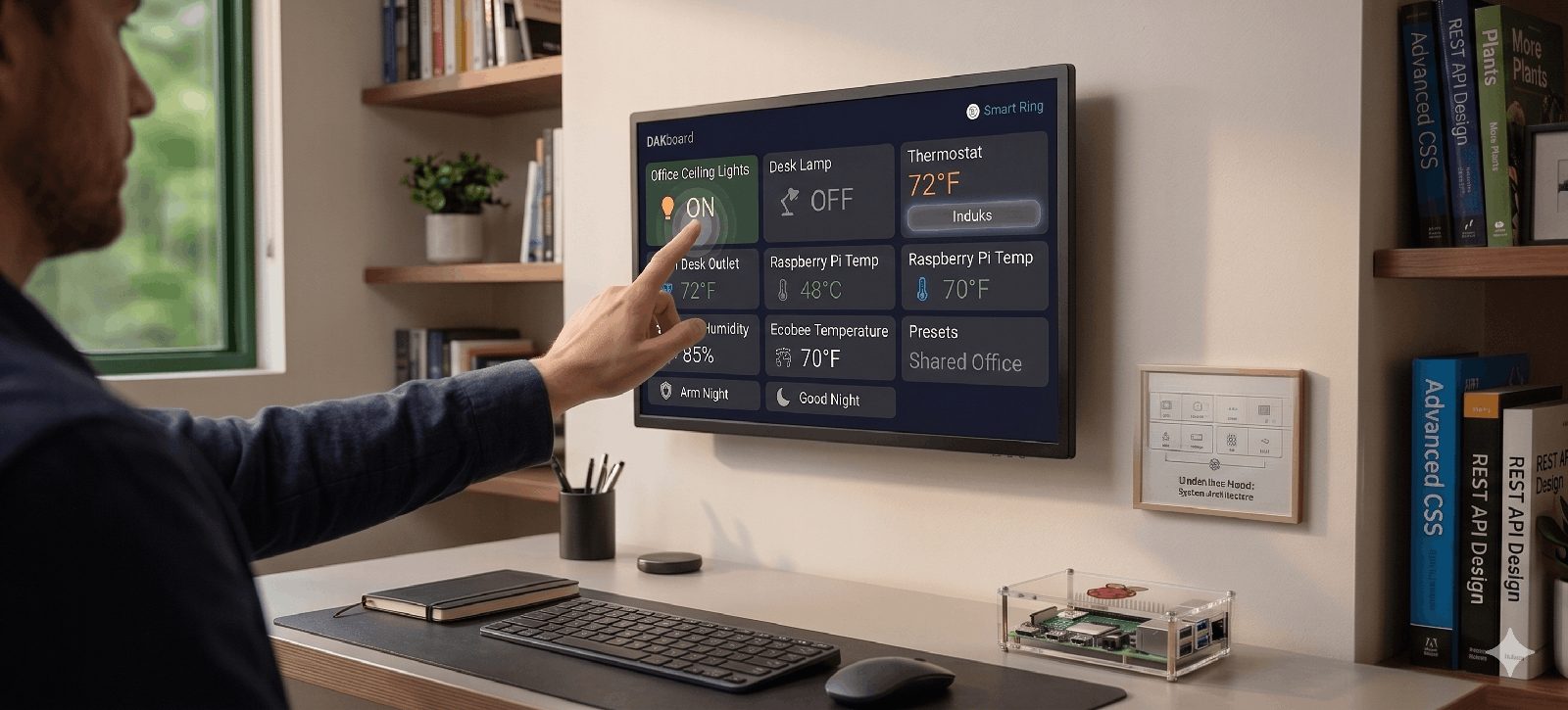 Man tapping a wall-mounted DAKboard showing Home Assistant smart-home tiles for lights, thermostat, and Raspberry Pi sensor temperatures