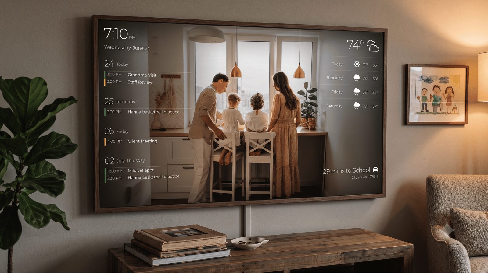 Large wall-mounted DAKboard in a living room showing a daily agenda and weather forecast layered over a warm family kitchen photo