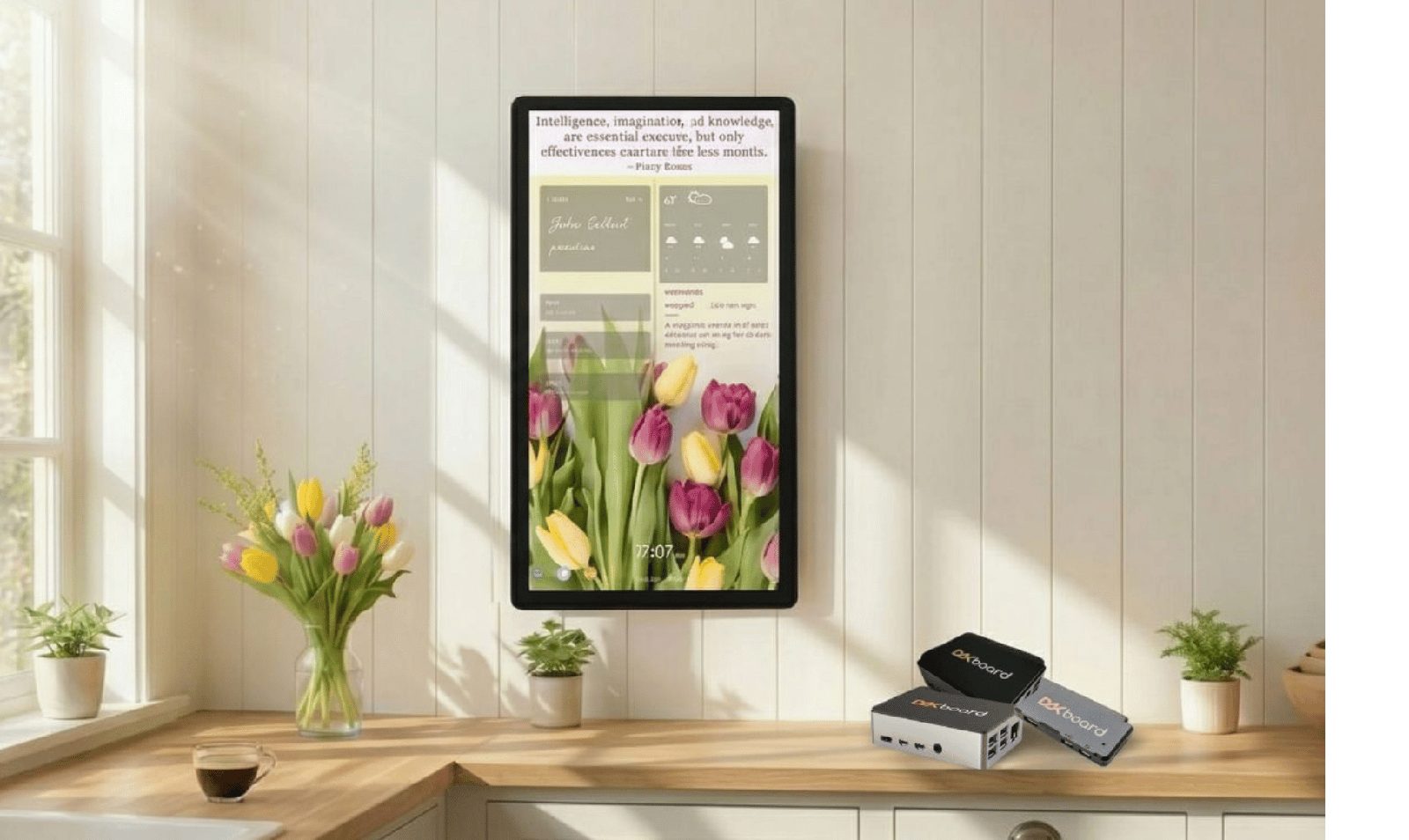Portrait wall display runs DAKboard with a quote, weather, and tulip photo beside three DAKboard CPU mini boxes on the counter