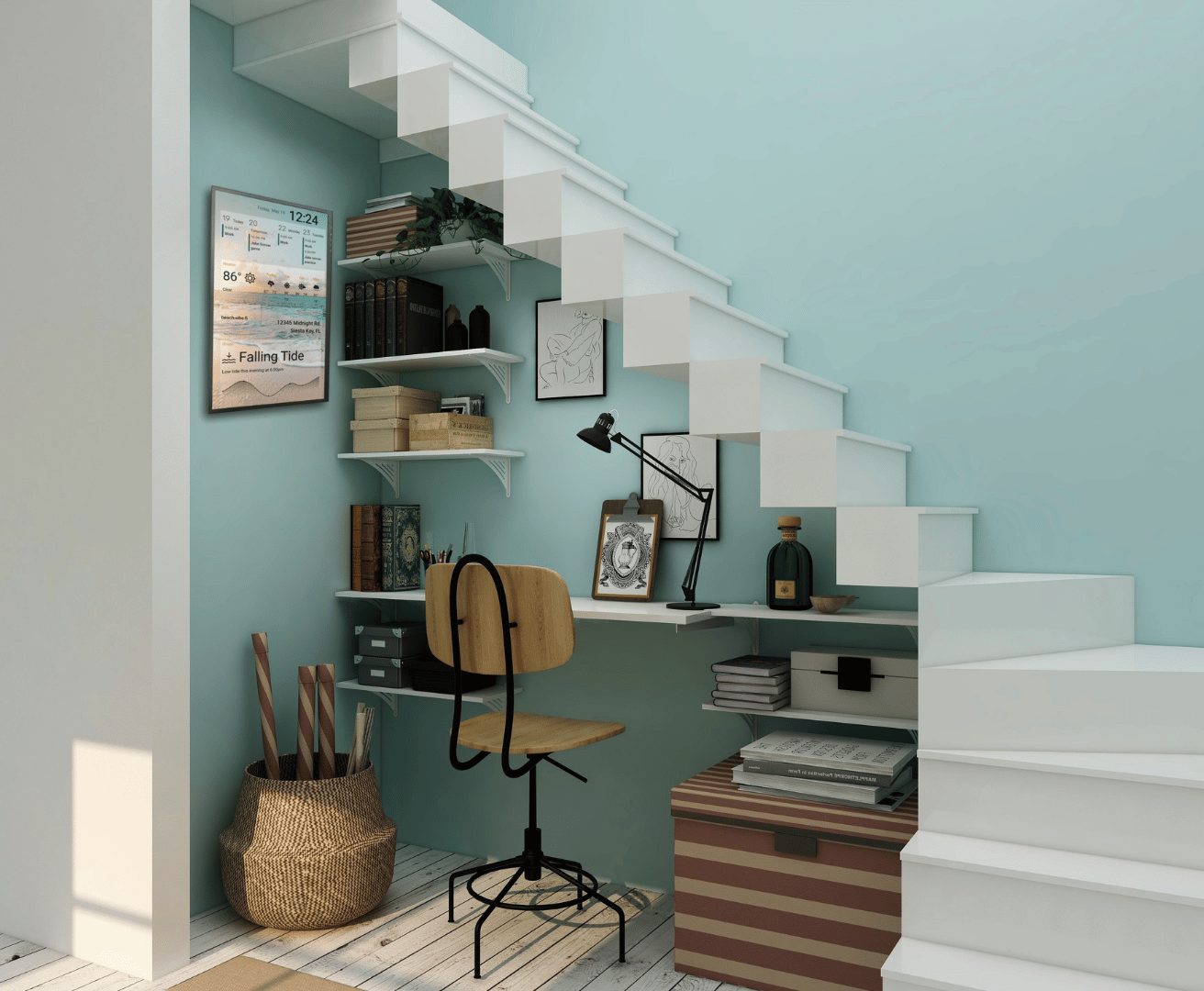 Framed portrait DAKboard display in an under-stair nook shows the date, beach weather, tide chart, and air quality