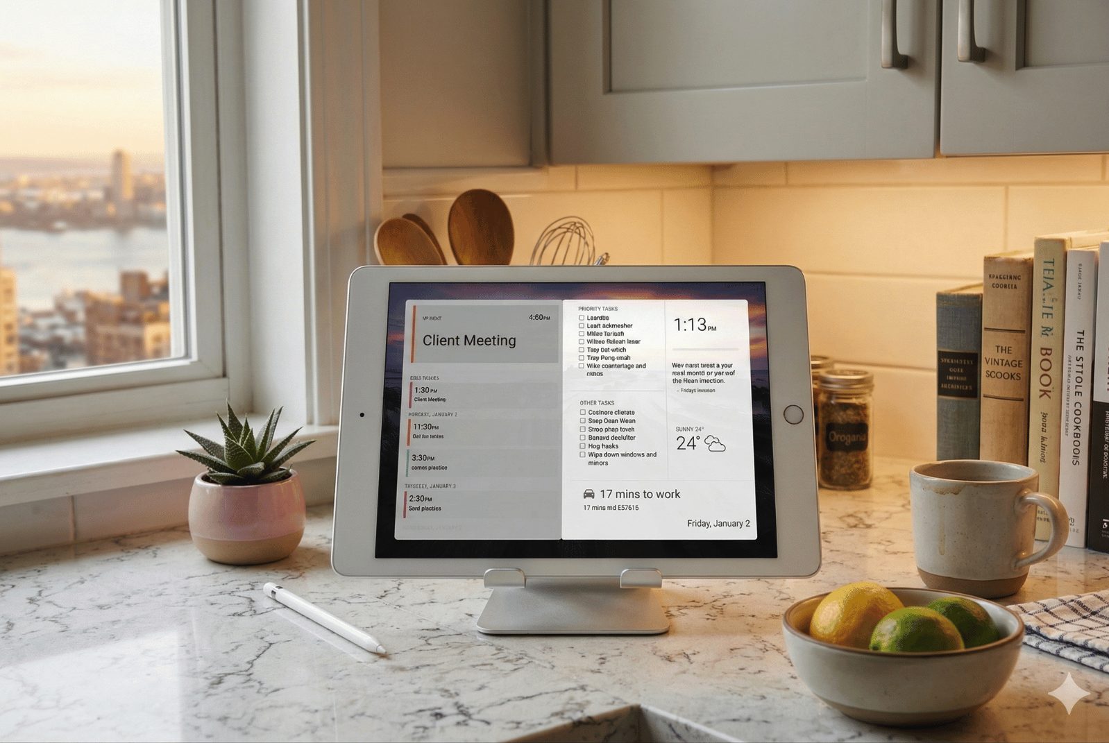 An iPad on a kitchen counter stand runs DAKboard showing an agenda, priority task list, weather, and commute time