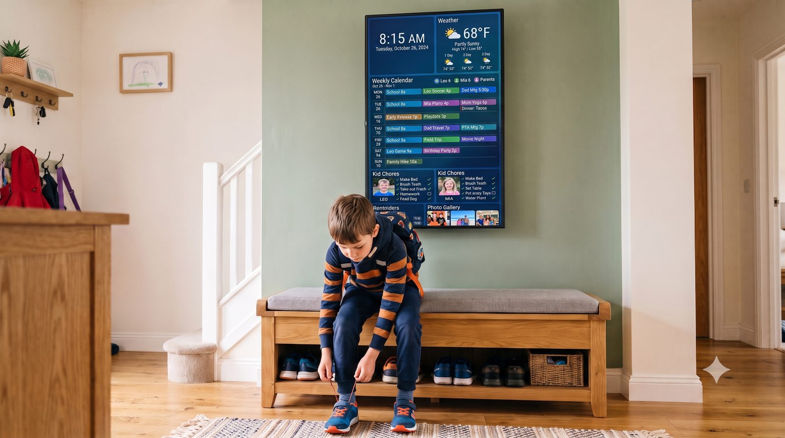 A boy ties his shoes in an entryway below a portrait DAKboard showing the weekly calendar, kid chore charts, and photos