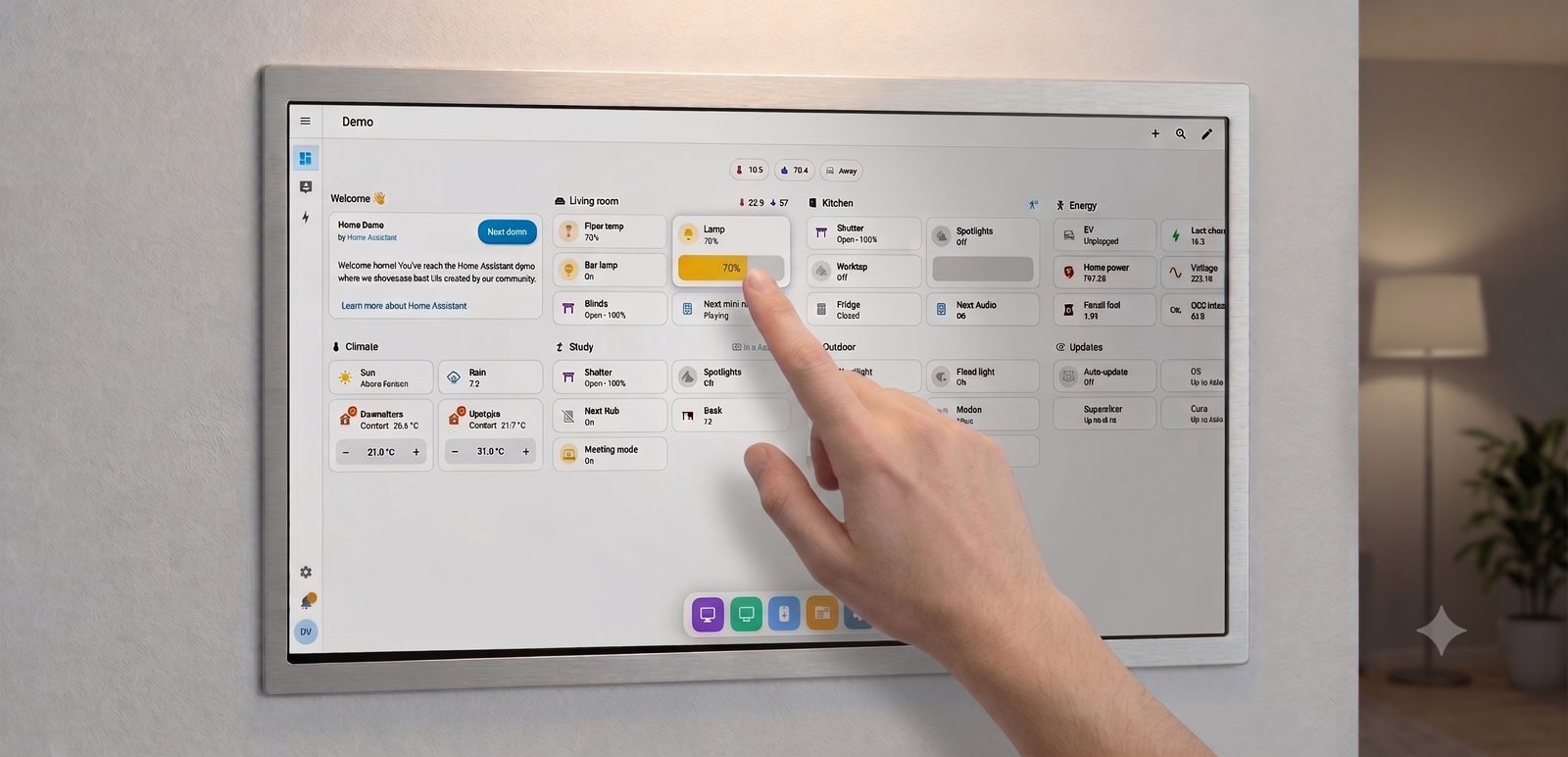 A hand taps a wall-mounted touchscreen running a Home Assistant smart-home dashboard with lights, climate, and energy controls