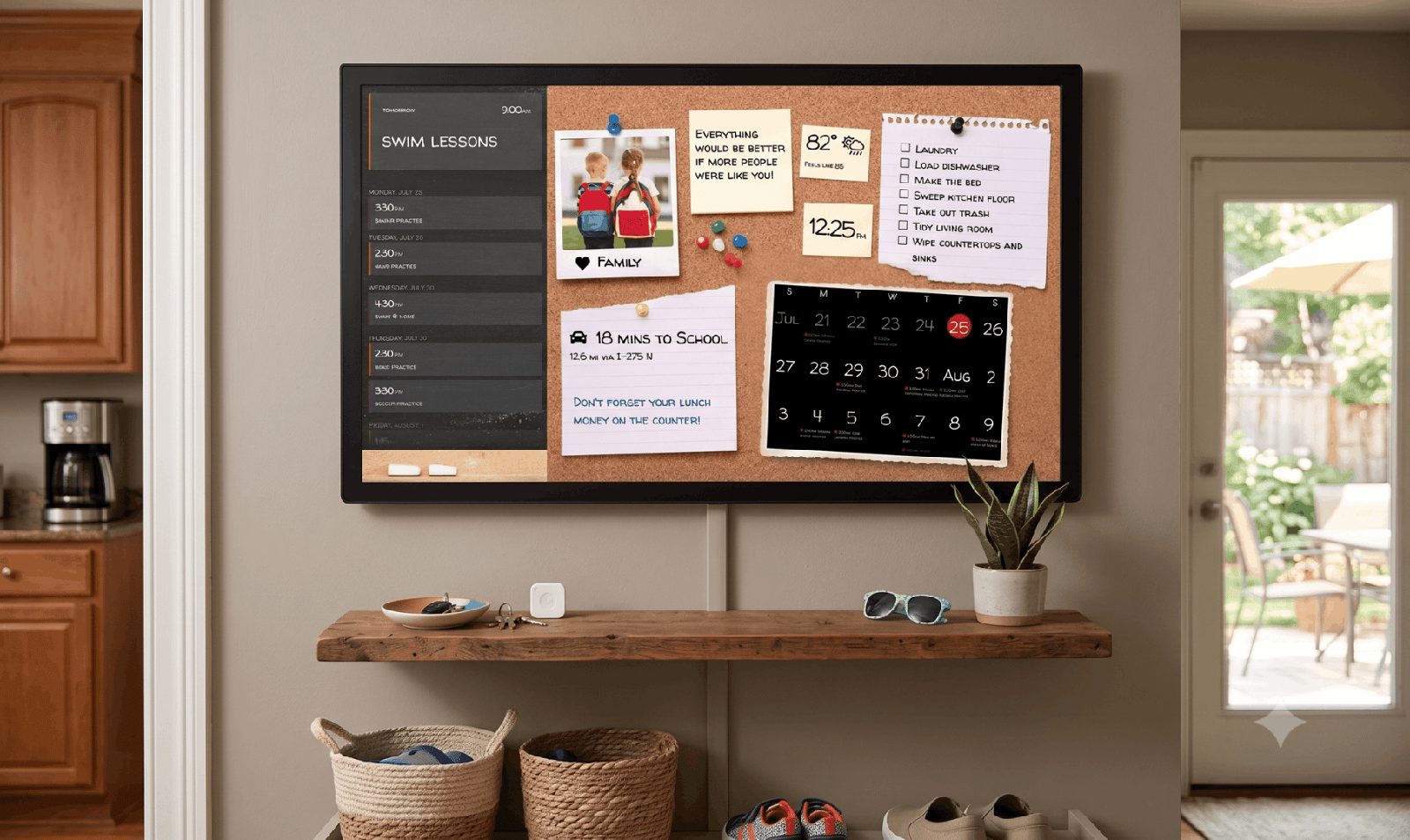 Corkboard command center A wall-mounted DAKboard styled as a cork-and-chalkboard shows a swim-lessons agenda, a kids' photo, sticky notes, a chore list, and a monthly calendar