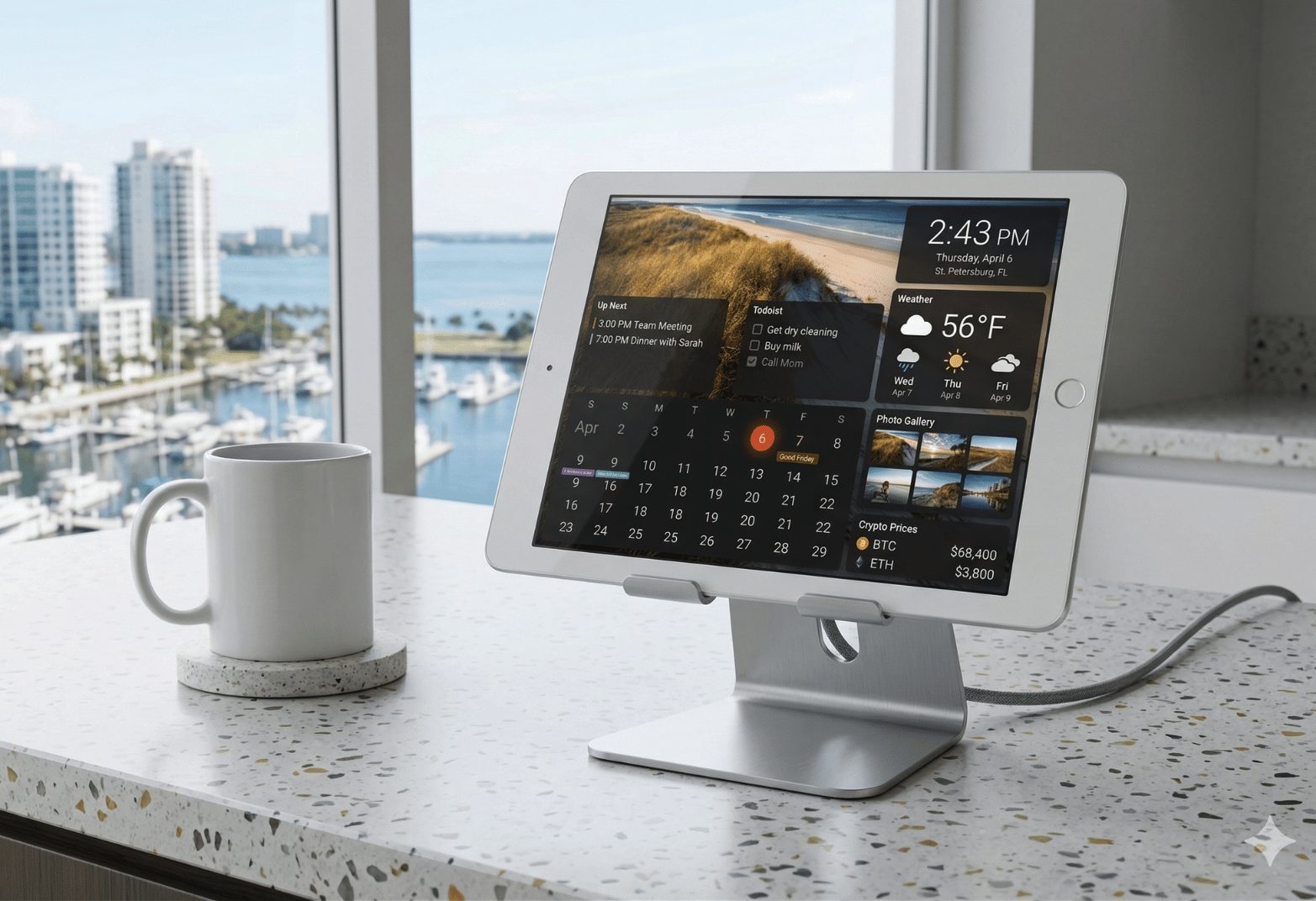 DAKboard smart dashboard A tablet on a desk stand by a harbor window runs DAKboard, showing upcoming events, a Todoist checklist, weather, a photo gallery, and live crypto prices