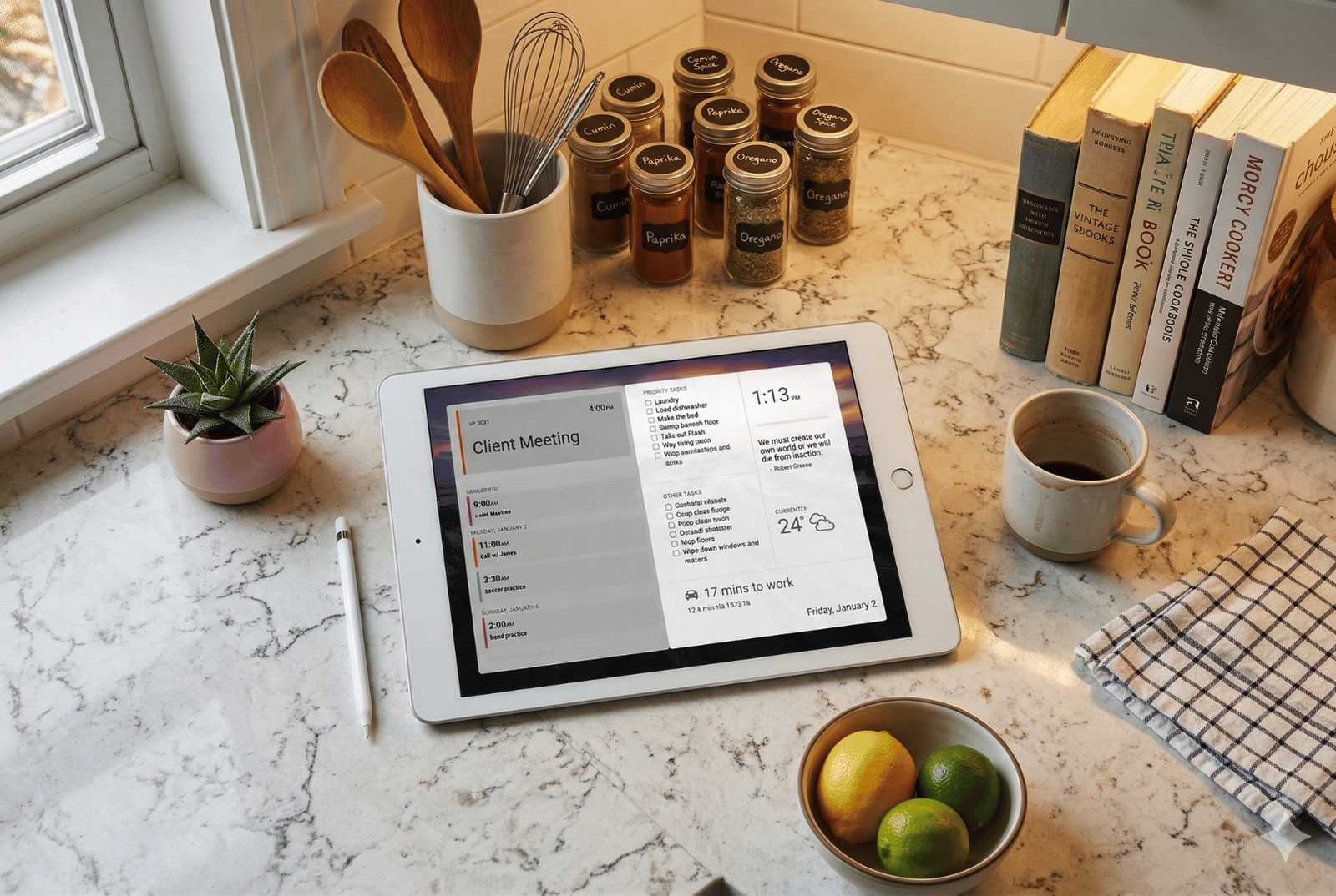 DAKboard on an iPad An iPad propped on a kitchen counter runs DAKboard, showing the day's agenda, a priority task checklist, the current weather, and commute time