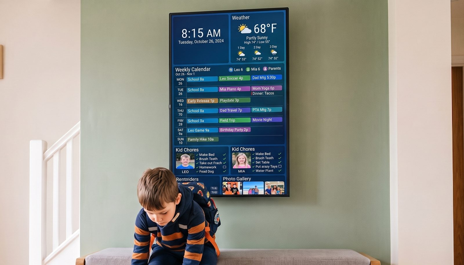 Weekly family calendar A wall-mounted DAKboard shows a color-coded weekly family calendar for each member alongside kid chore checklists, a weather forecast, and a photo gallery