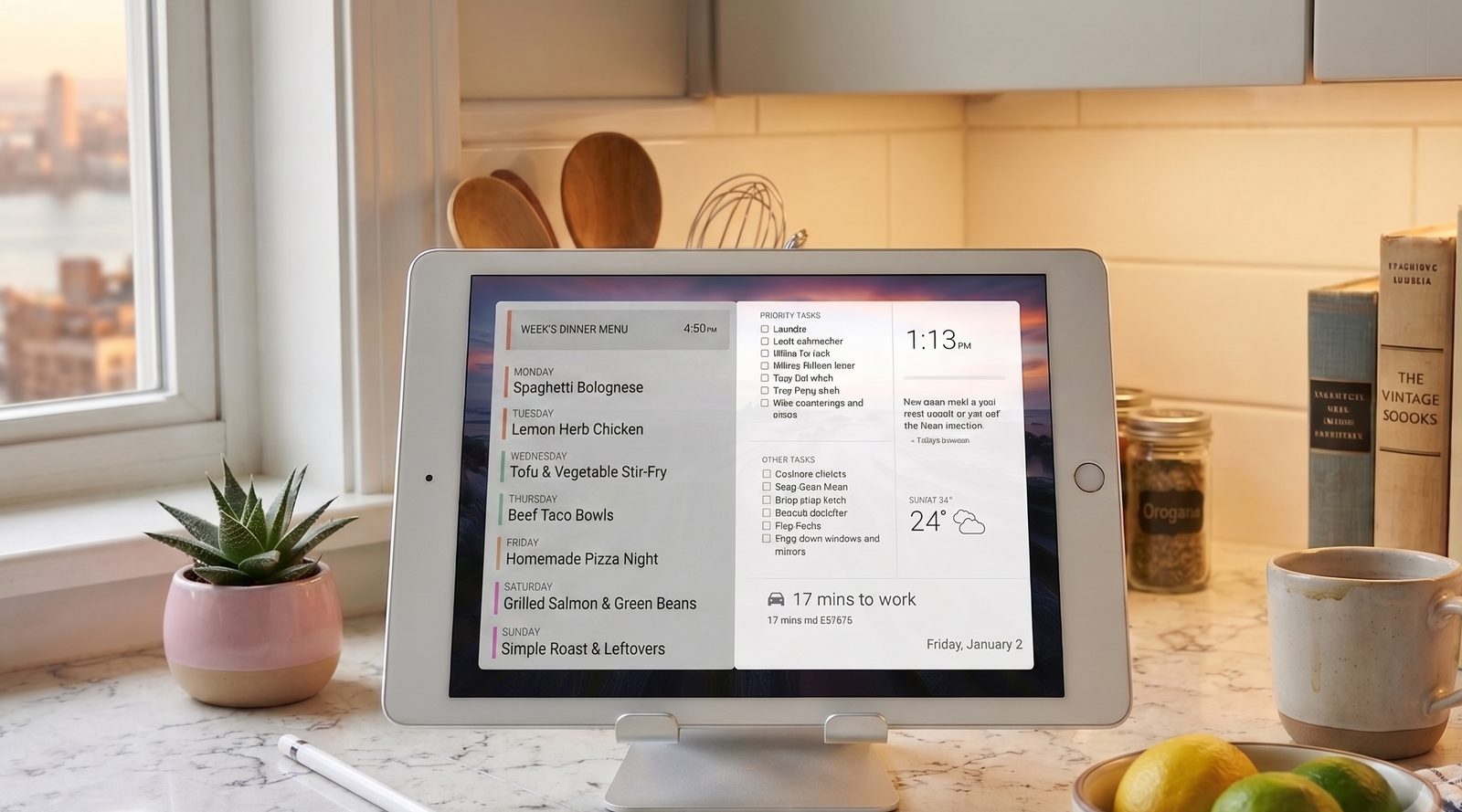 Weekly dinner menu A tablet on a kitchen counter shows DAKboard's weekly dinner menu planned day by day, next to a task checklist, the time, and a weather forecast
