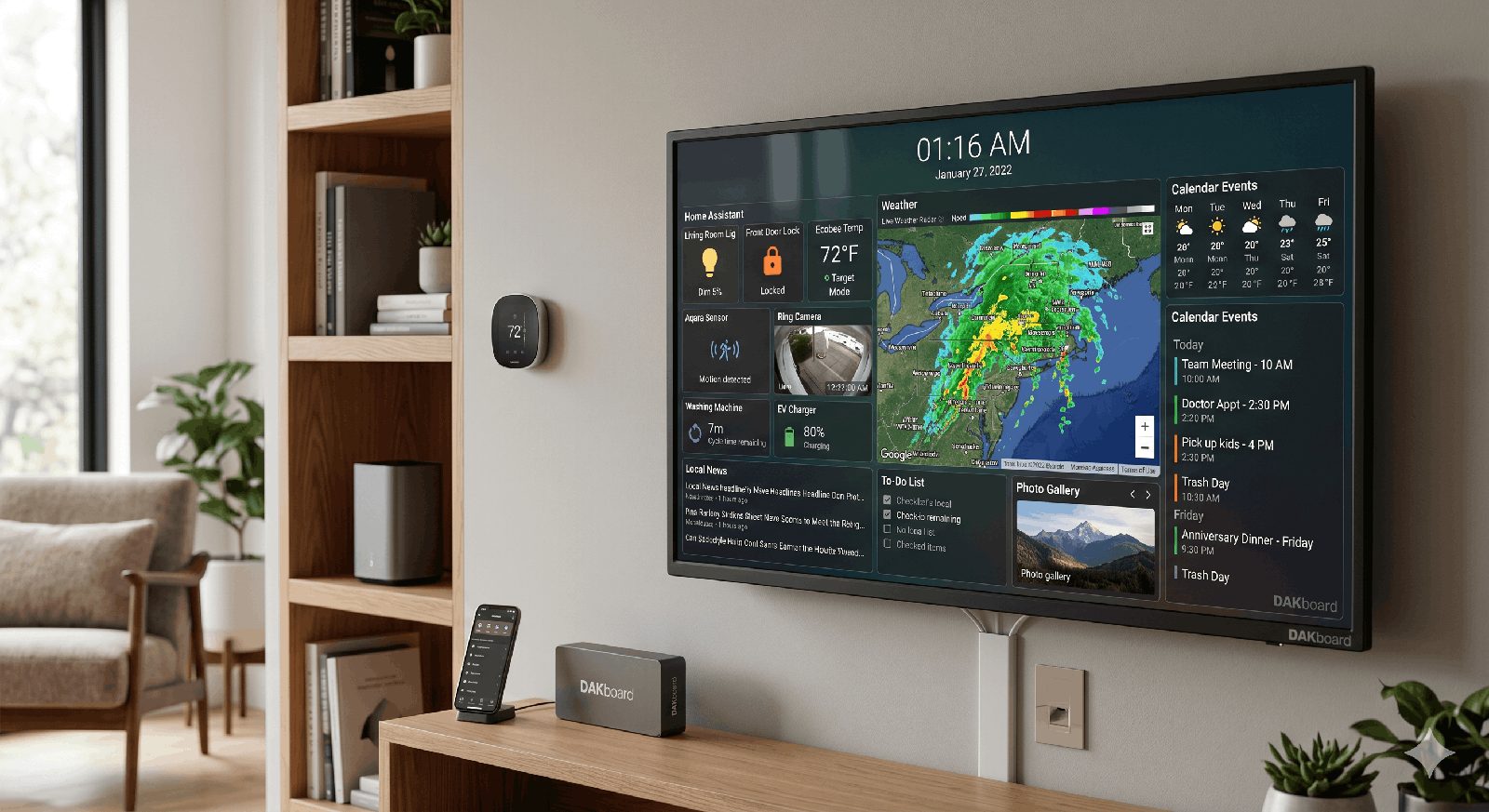 Live weather radar display A wall-mounted TV runs DAKboard showing a live weather radar map and multi-day forecast beside Home Assistant smart-home controls and calendar events