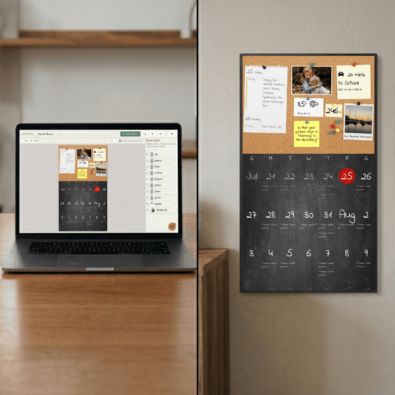 Drag-and-drop layout editor A laptop running DAKboard's drag-and-drop editor beside a wall-mounted display showing the same customized corkboard calendar and photo layout
