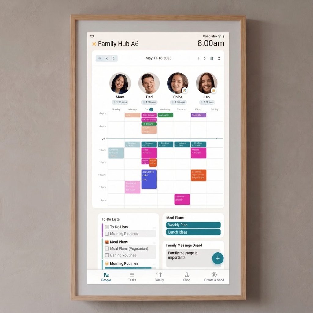 Hearth Display family calendar Hearth Display's wood-framed touchscreen showing a family calendar with member profiles, to-do lists, meal plans, and a family message board