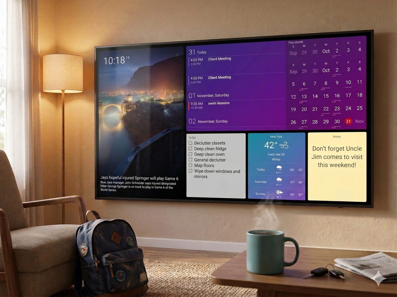 DAKboard on a smart TV DAKboard family dashboard on a wall-mounted living-room smart TV showing the daily agenda, monthly calendar, a to-do list, weather, and a family note