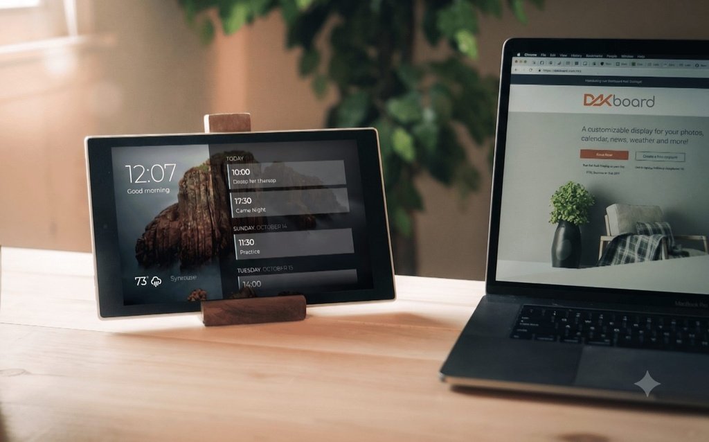 DAKboard on a tablet DAKboard running on a tablet propped on a wooden stand beside a laptop that is opening the DAKboard website