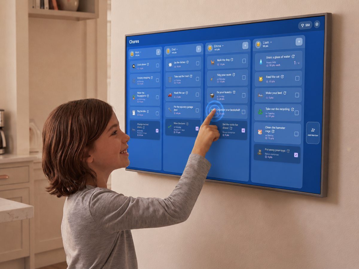Touchscreen chore chart Smiling child taps a wall-mounted DAKboard touchscreen to check off a chore on a colorful per-person family chore chart