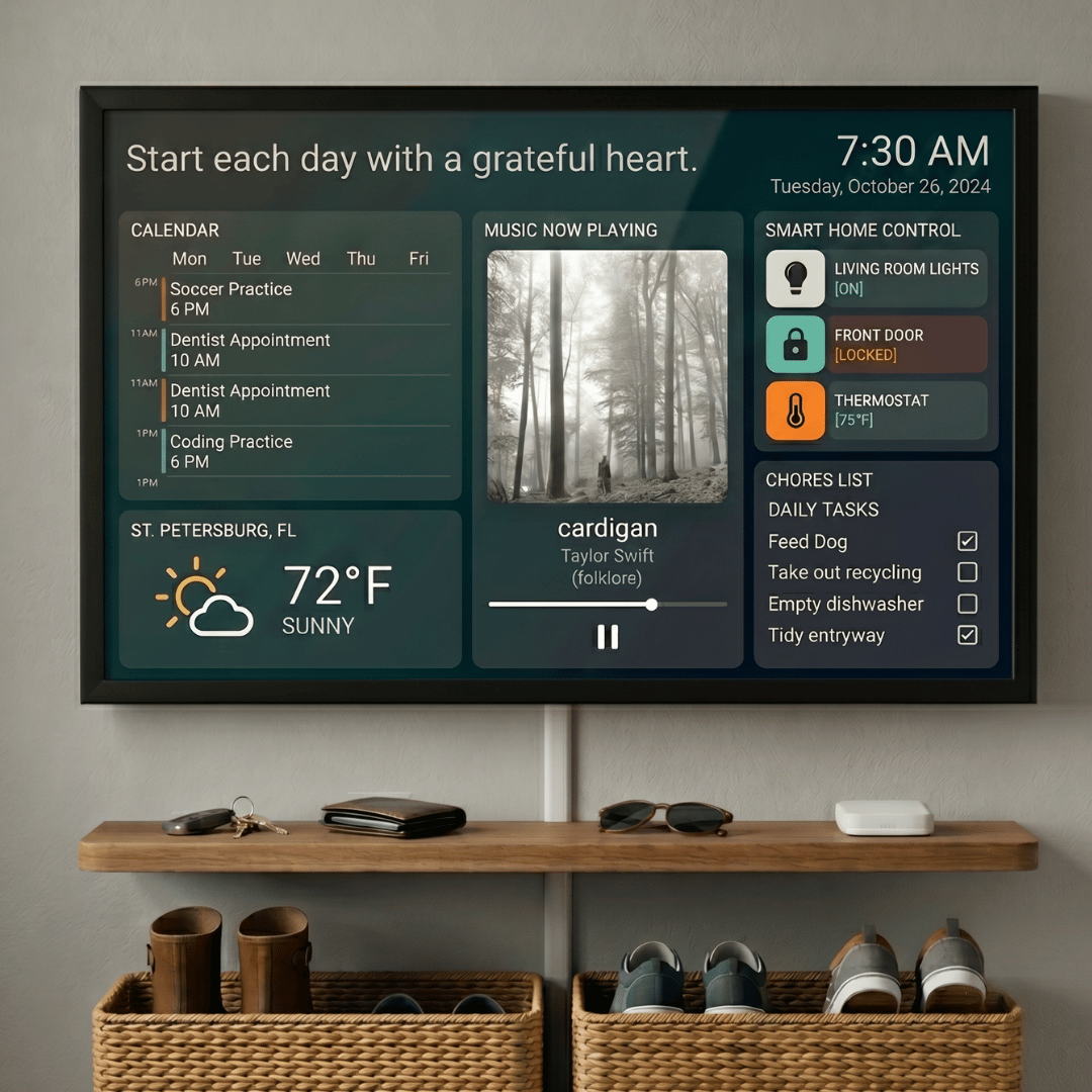 Live smart-home dashboard DAKboard entryway display showing a calendar, now-playing music, smart-home controls for lights and thermostat, and a daily chores list