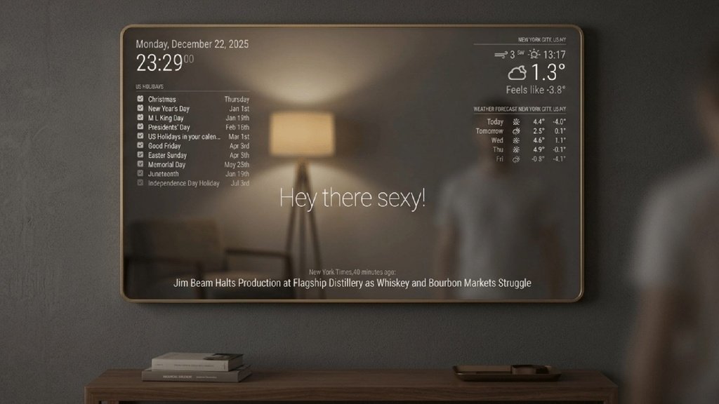 MagicMirror smart mirror MagicMirror smart mirror showing calendar, weather, and news widgets floating as white text over a dim two-way-glass reflection