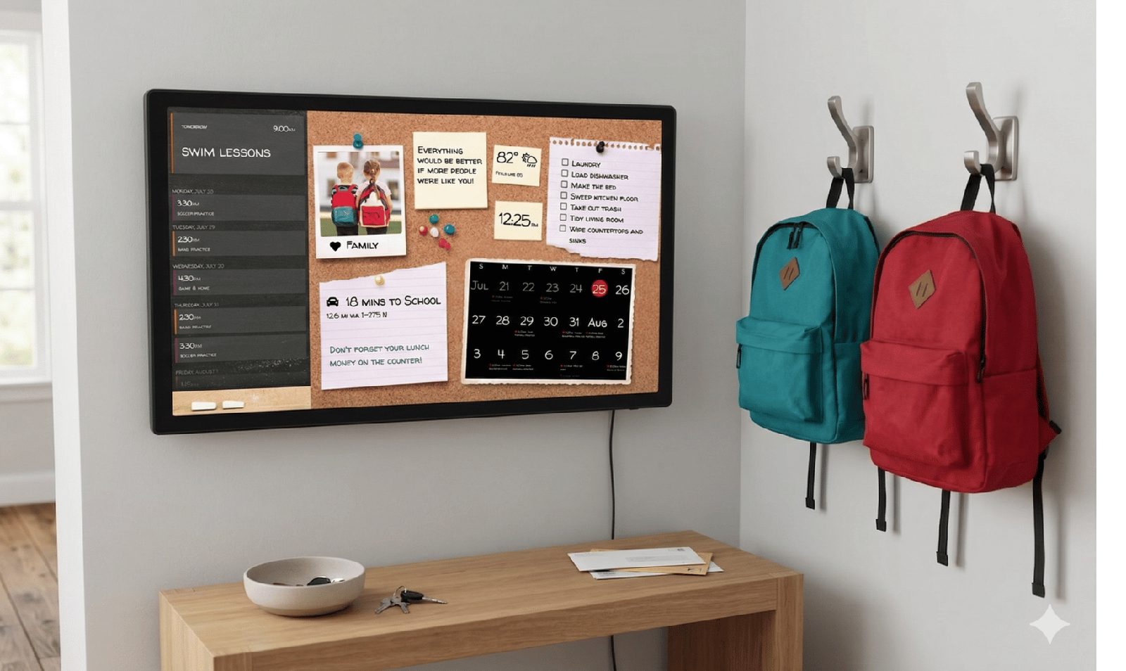 Corkboard family command center Wall-mounted DAKboard styled as a cork-board family command center showing a swim-lesson schedule, monthly calendar, chore checklist, weather, and commute time