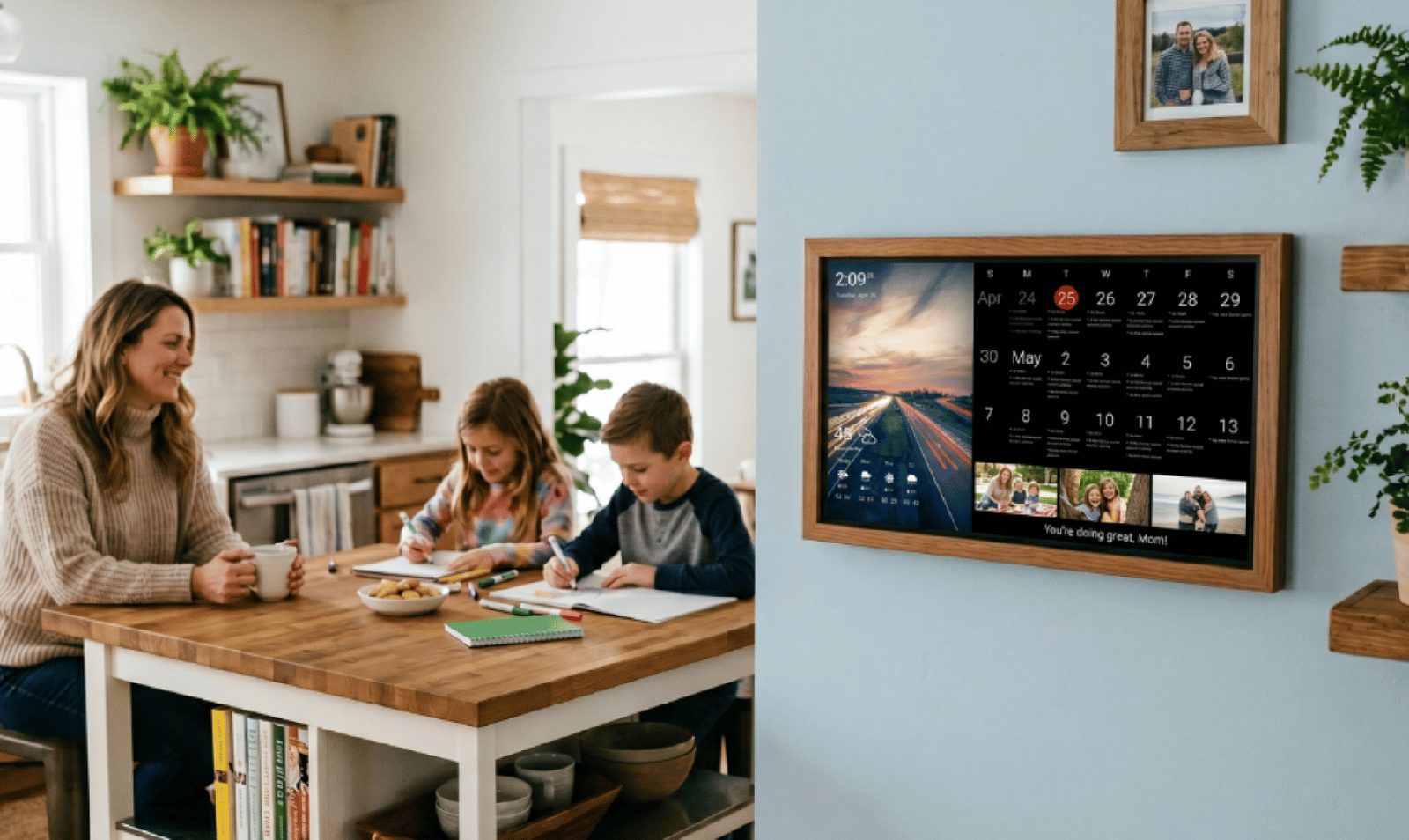 Family calendar and photos A wood-framed DAKboard wall display shows a family calendar, weather, and rotating photos beside a mom helping kids with homework