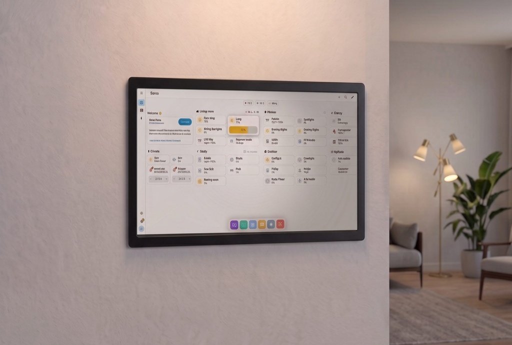 Smart-home control dashboard Wall-mounted DAKboard showing a smart-home control dashboard with room-by-room device tiles and lighting status in a living room