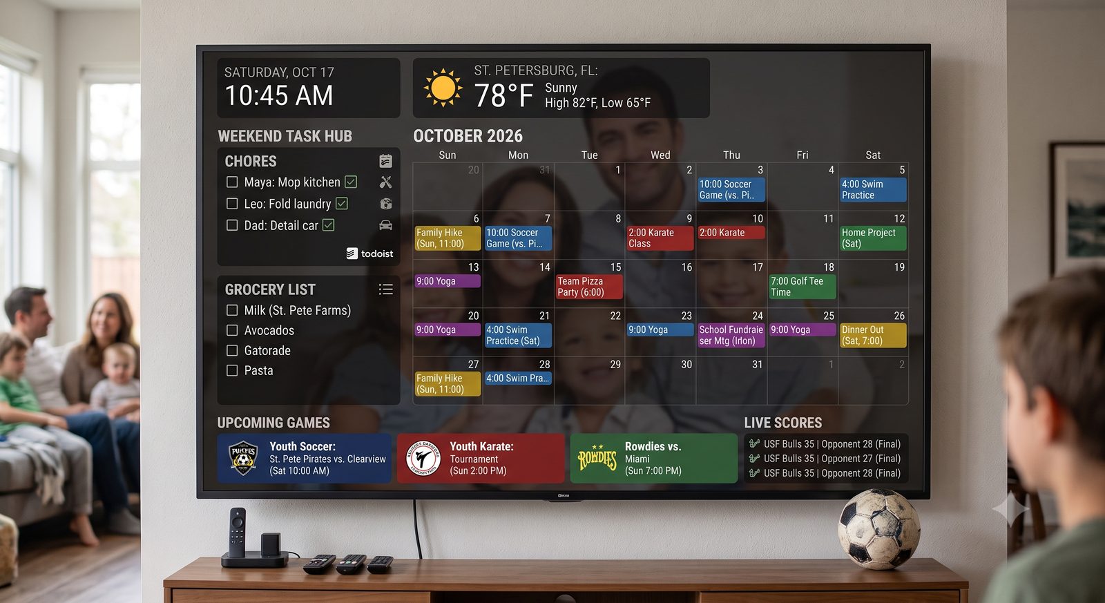 Family command center TV Large wall-mounted DAKboard TV showing a color-coded family calendar, chore list, grocery list, and live sports scores