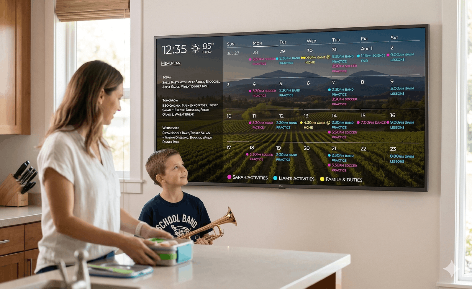 Color-coded family calendar Wall-mounted DAKboard showing a color-coded monthly family calendar with per-member events beside weather and a family photo