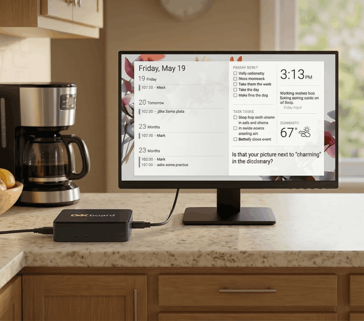 DAKboard CPU setup A DAKboard CPU box connected by HDMI to a desktop monitor on a kitchen counter showing an agenda and tasks