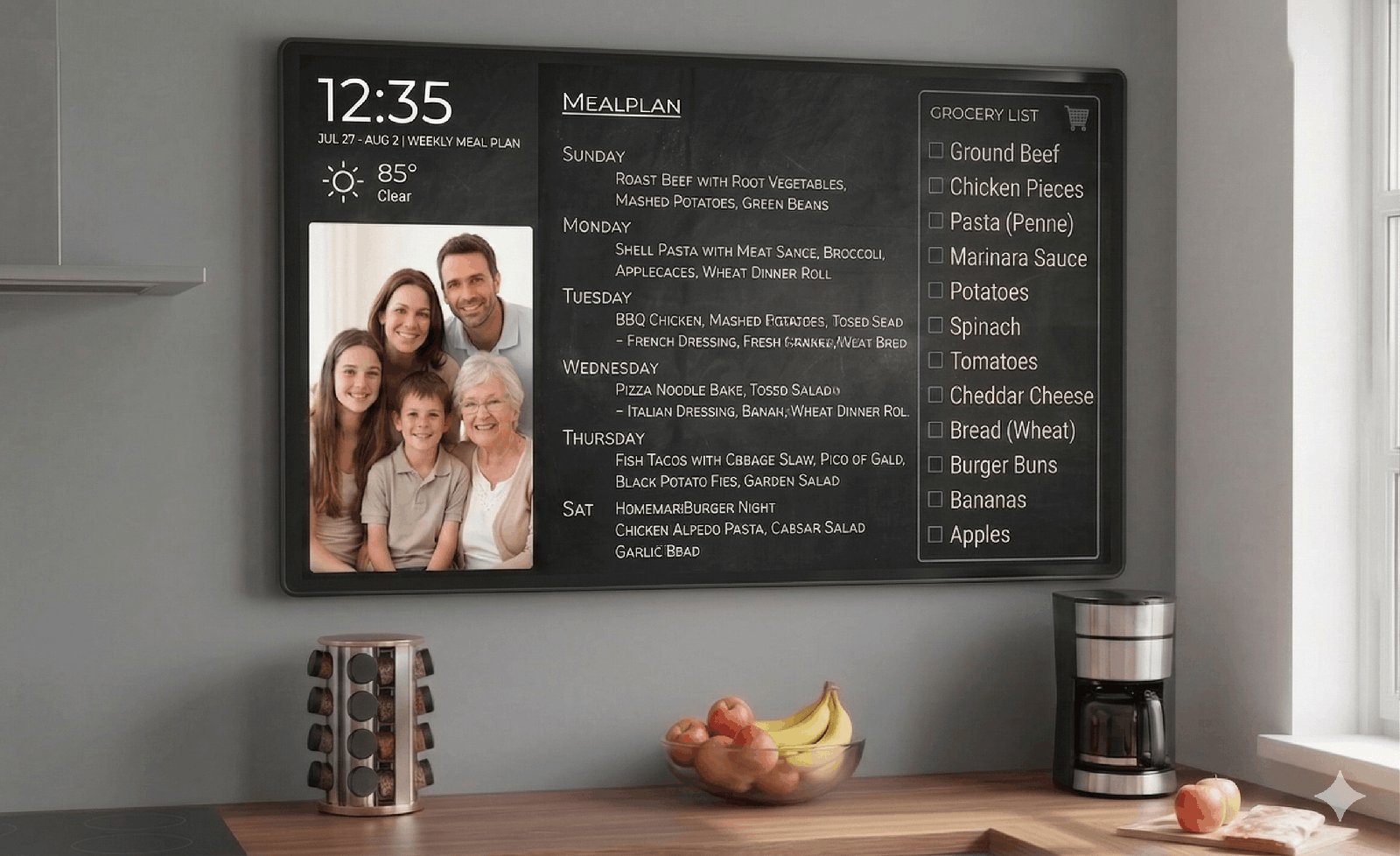 Meal plan and grocery Wall-mounted DAKboard showing a weekly meal plan by day, a family photo, and a checkable grocery list