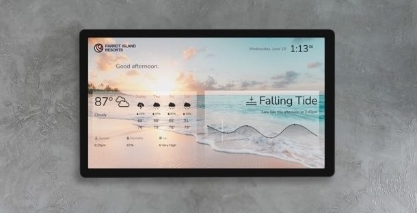 Weather and tides DAKboard resort display showing a beach photo with current weather, a four-day forecast, and a falling-tide chart