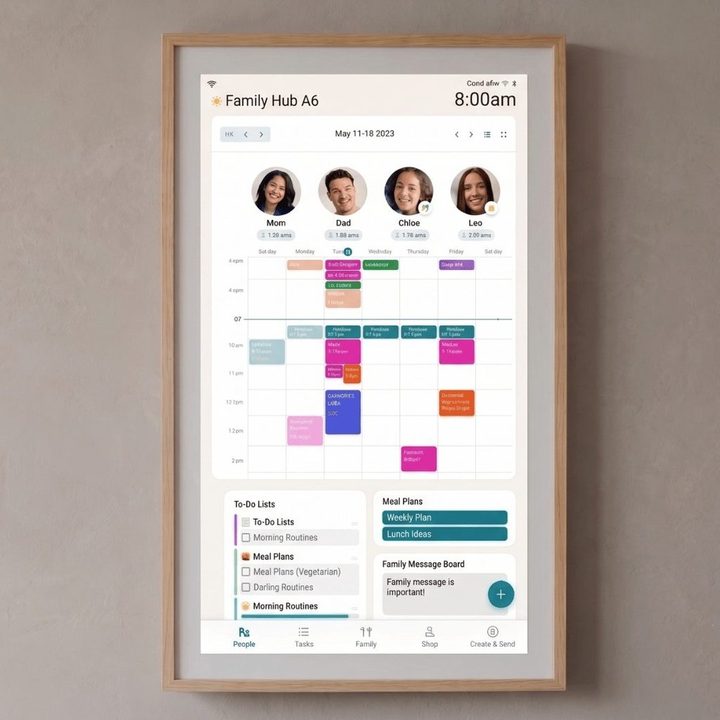 Hearth Display vertical touchscreen on a wall showing family routines and daily to-do lists