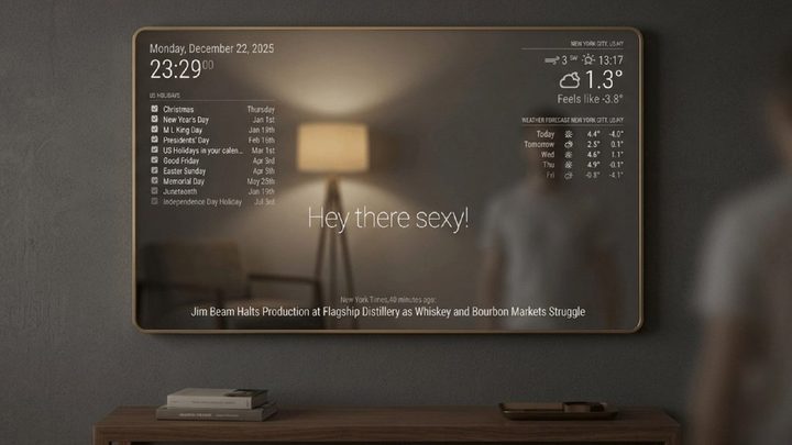 MagicMirror smart mirror in a hallway showing monochrome clock, calendar, and weather modules