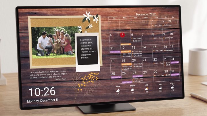 Mango Display smart calendar dashboard on a wall-mounted screen showing widgets and photos