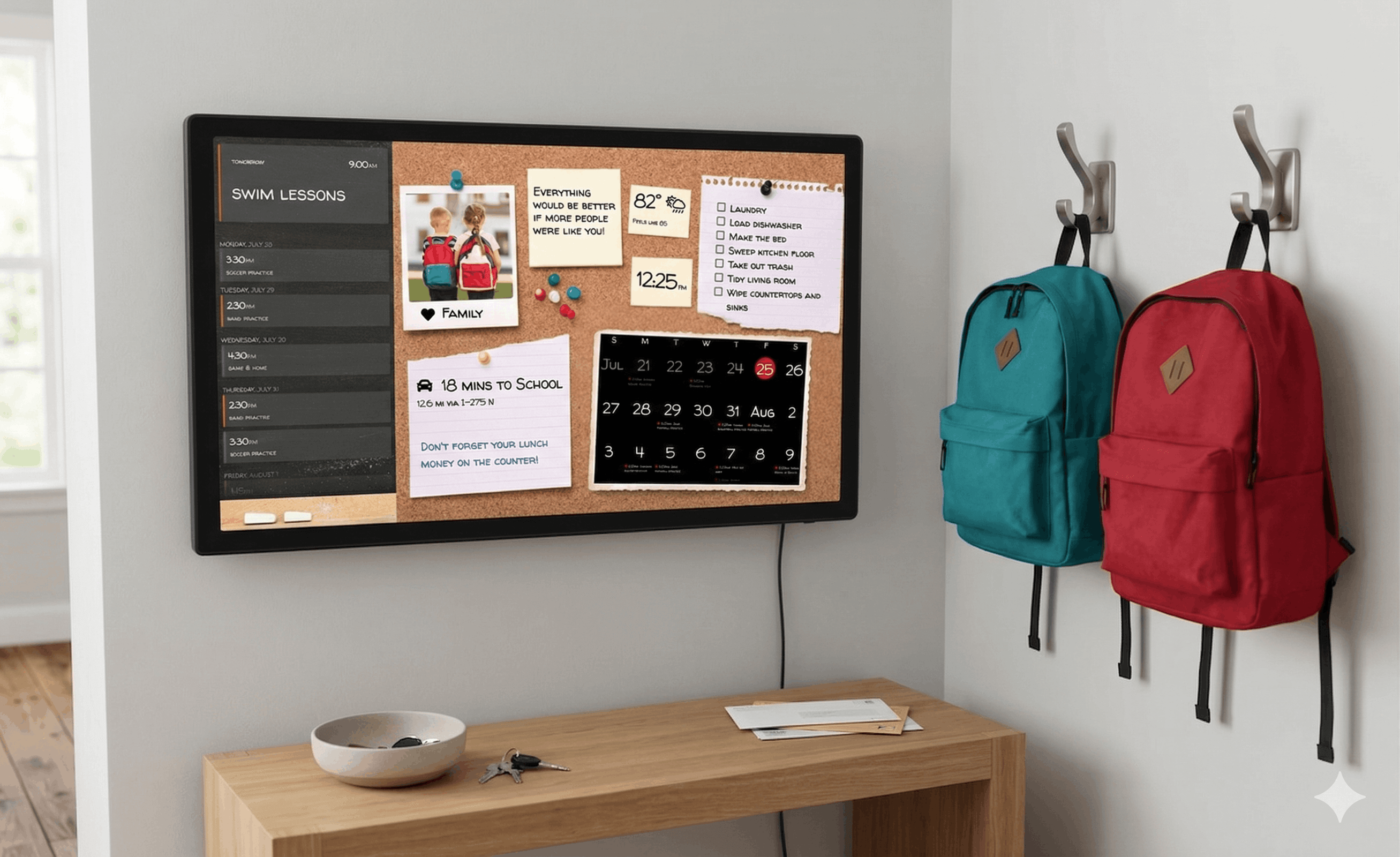 DAKboard wall display next to family backpacks