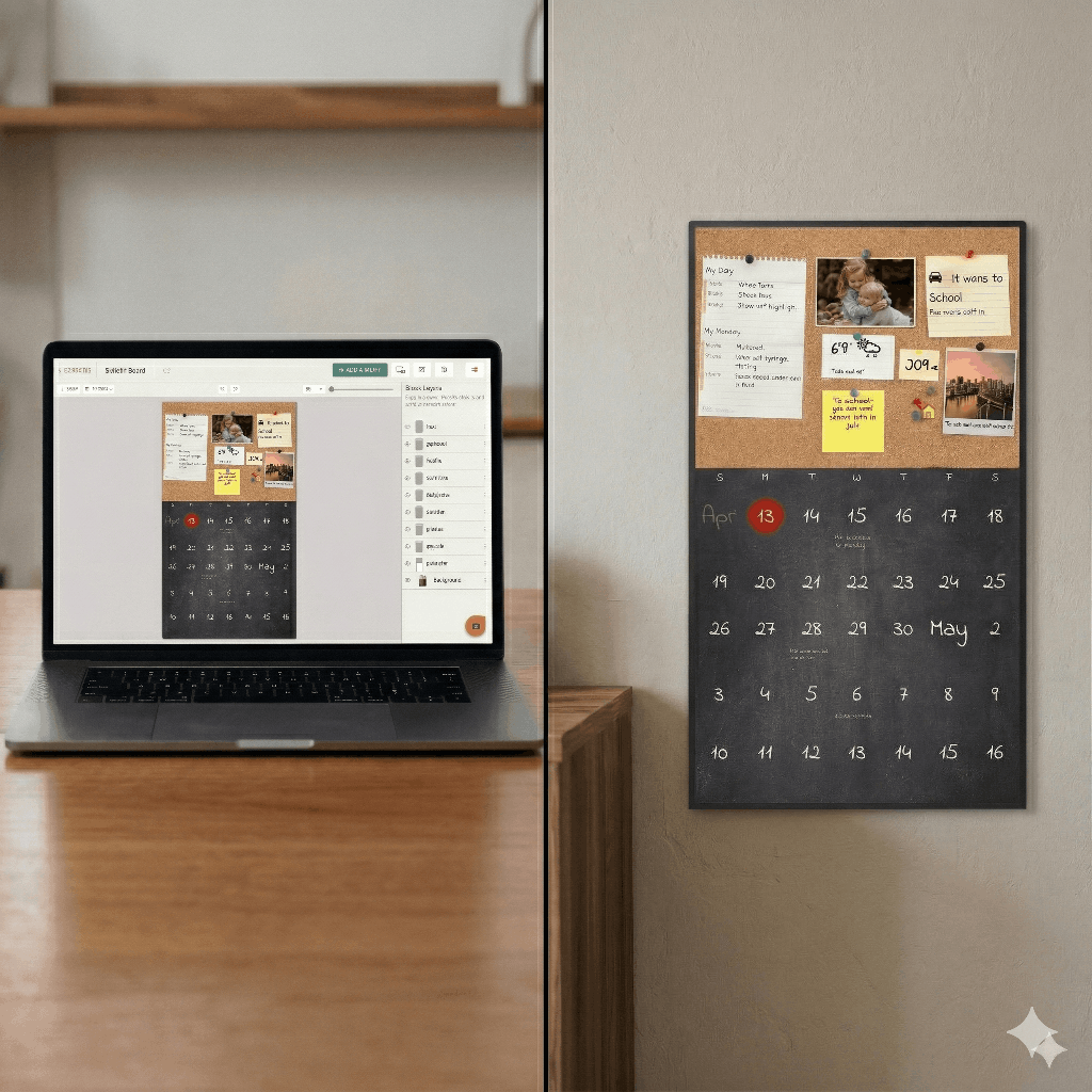 Laptop running the DAKboard drag-and-drop layout editor beside a wall-mounted family display showing the newly customized layout