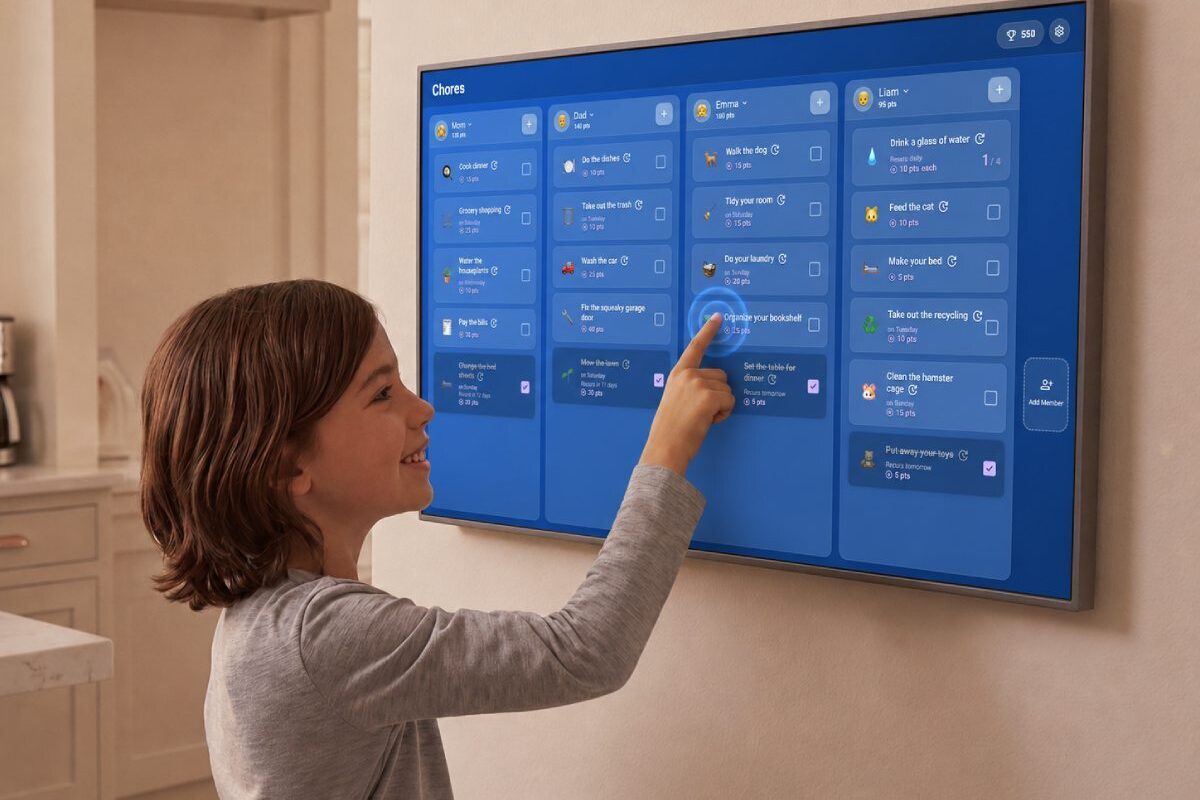 Child tapping to complete a chore on a wall-mounted DAKboard, with per-person columns and point totals visible