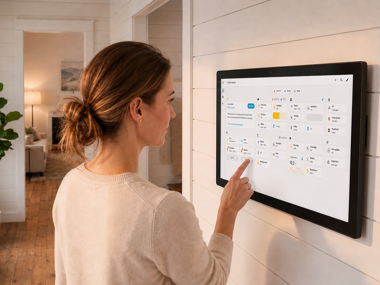 Woman tapping a wall-mounted DAKboard in a hallway to control her Home Assistant smart home dashboard