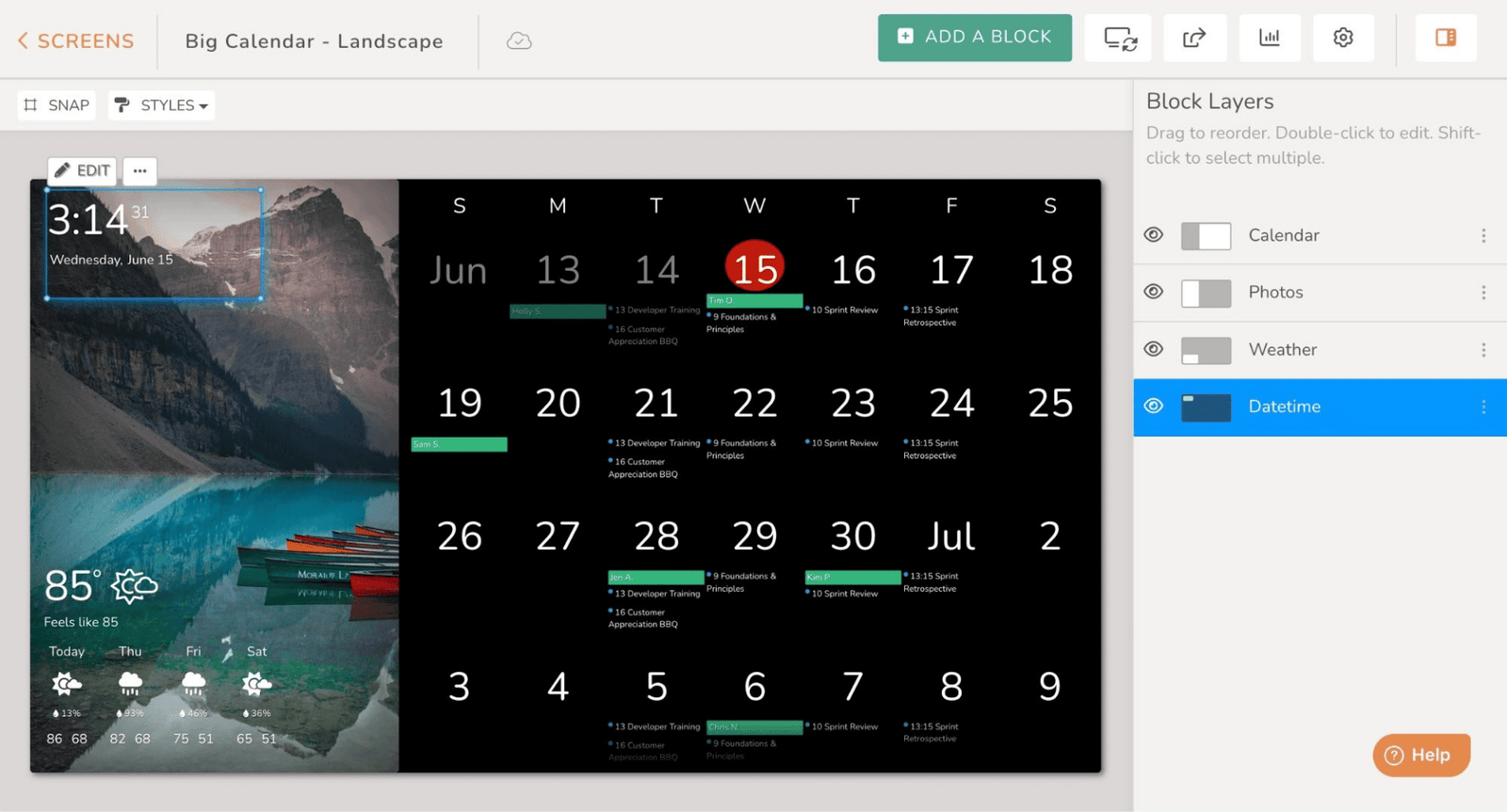 DAKboard web builder editor showing drag-and-drop calendar, weather, and datetime blocks with a block layers panel for arranging screen content