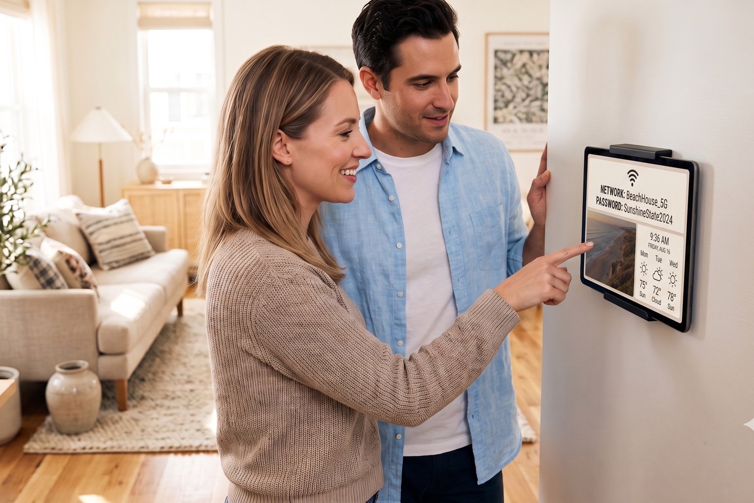 Airbnb welcome tablet Smiling guests pointing at a wall-mounted DAKboard tablet in a rental living room showing wifi network, password, time, and weather