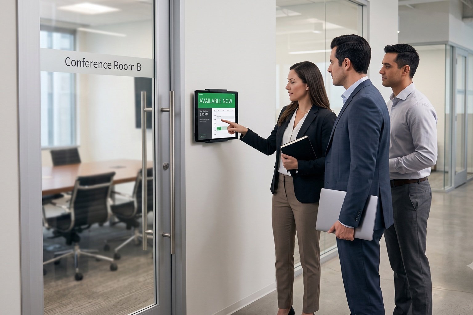 Room availability tablet Colleagues check a wall-mounted tablet outside a conference room showing a green Available Now status and the day's meetings