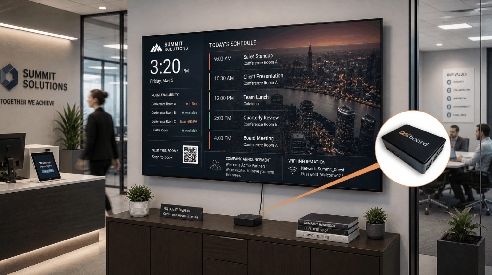 CPU-powered wall display Wall-mounted office TV powered by a DAKboard CPU showing today's meeting schedule, room availability, and guest wifi details